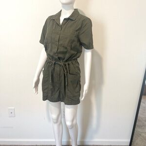 Olive Green Utility Romper Women Medium Short Sleeve ButtonUp Tie Waist